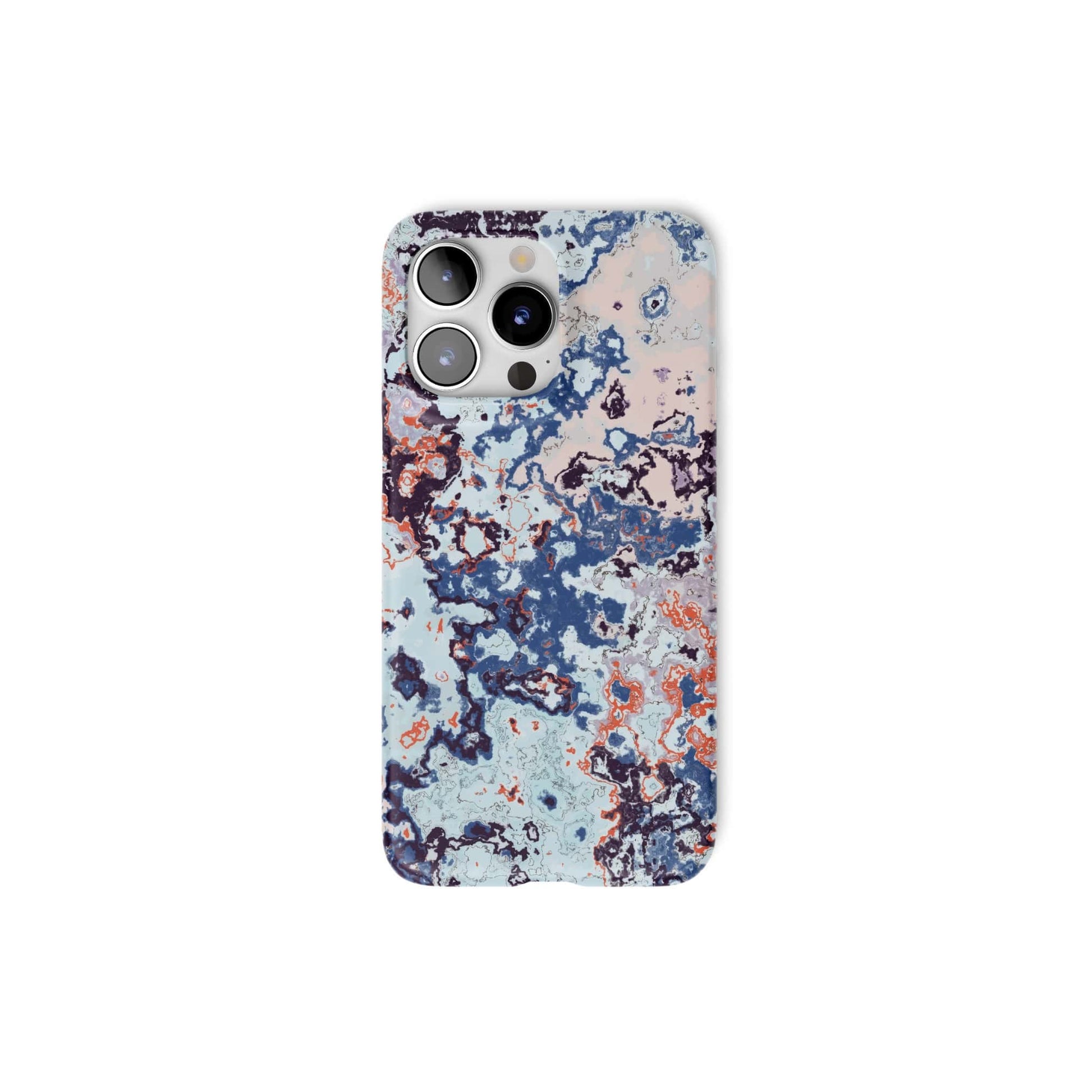 Ultra thin snap phone case front view; Blue Marble Mist pattern, artistic, abstract marble pattern. Blue and pink color combination.