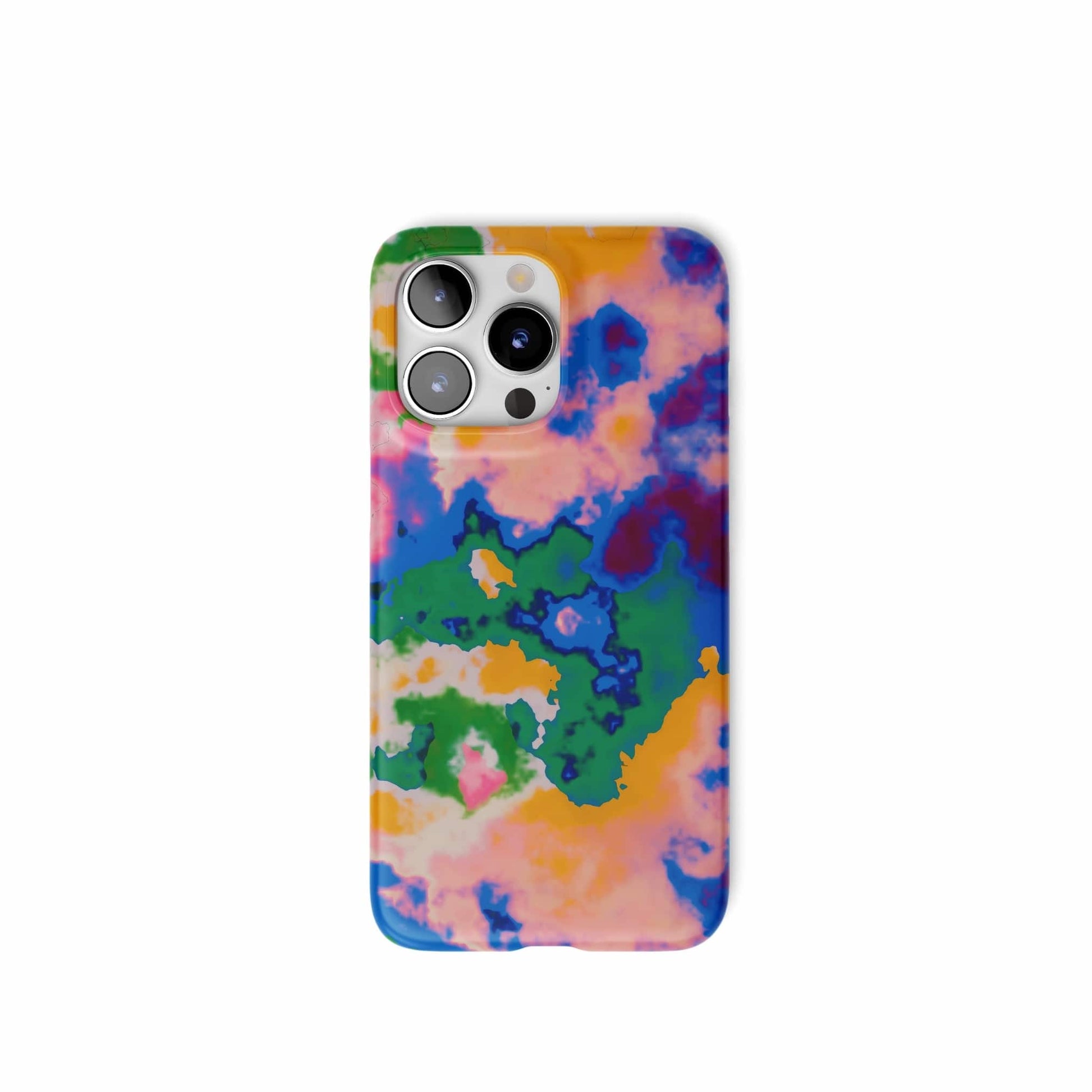 Ultra thin snap phone case front view; Brazil pattern, artistic, abstract marble pattern. Orange, blue and green color combination.
