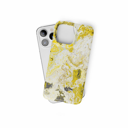 Ultra thin snap phone case front view; Citron pattern, artistic, abstract marble pattern. White and yellow color combination. Bold expressive aesthetic design. Colorful and interior fit. Elegant.