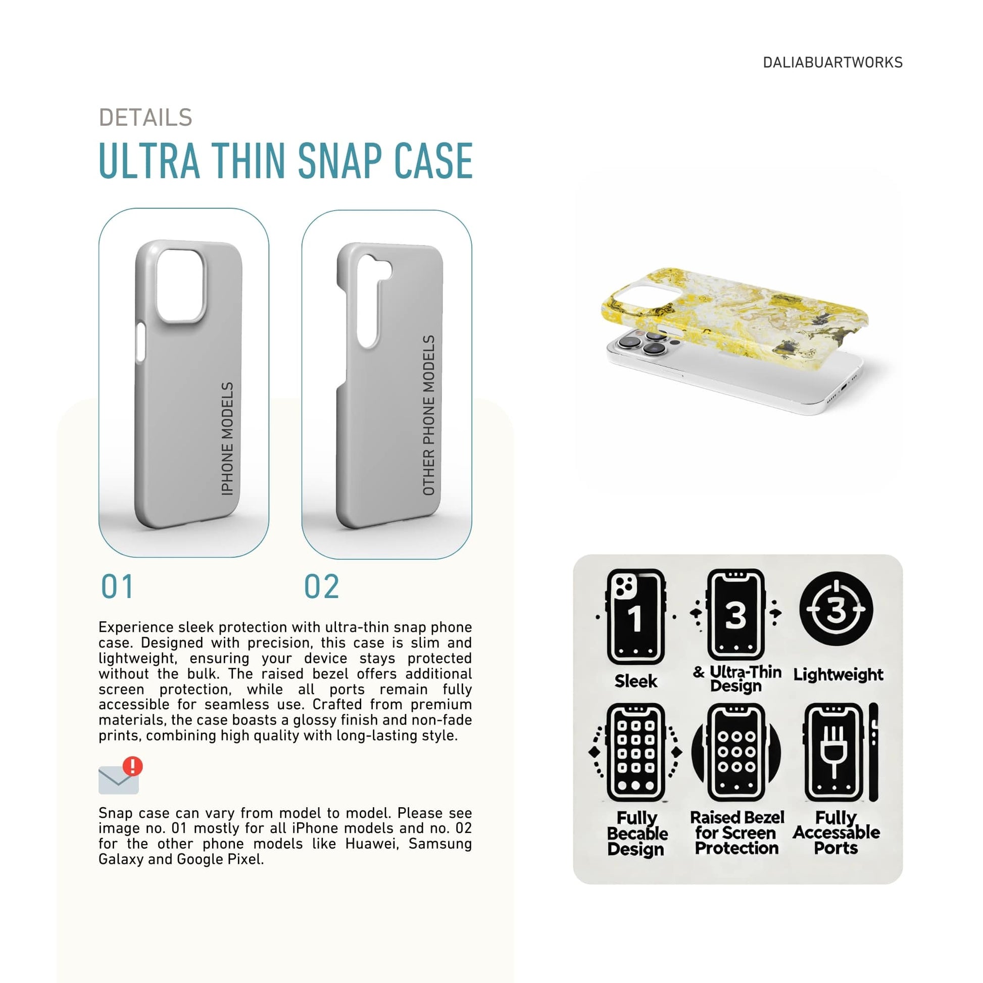 Ultra thin snap phone case front view; Citron pattern, artistic, abstract marble pattern. White and yellow color combination. Details how to select correct phone case as per your phone model and features about snap snug fit phone case.