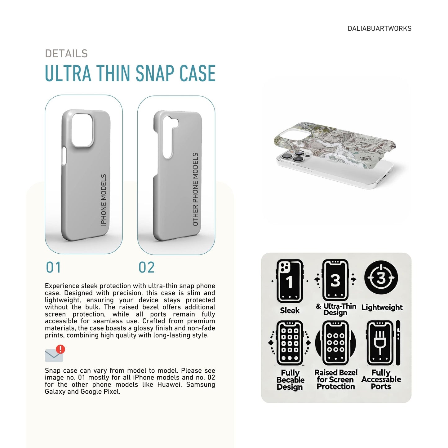 Ultra thin snap phone case front view; Classic White Marble pattern, artistic, abstract marble pattern. White and grey color combination. Details how to select correct phone case as per your phone model and features about snap snug fit phone case.