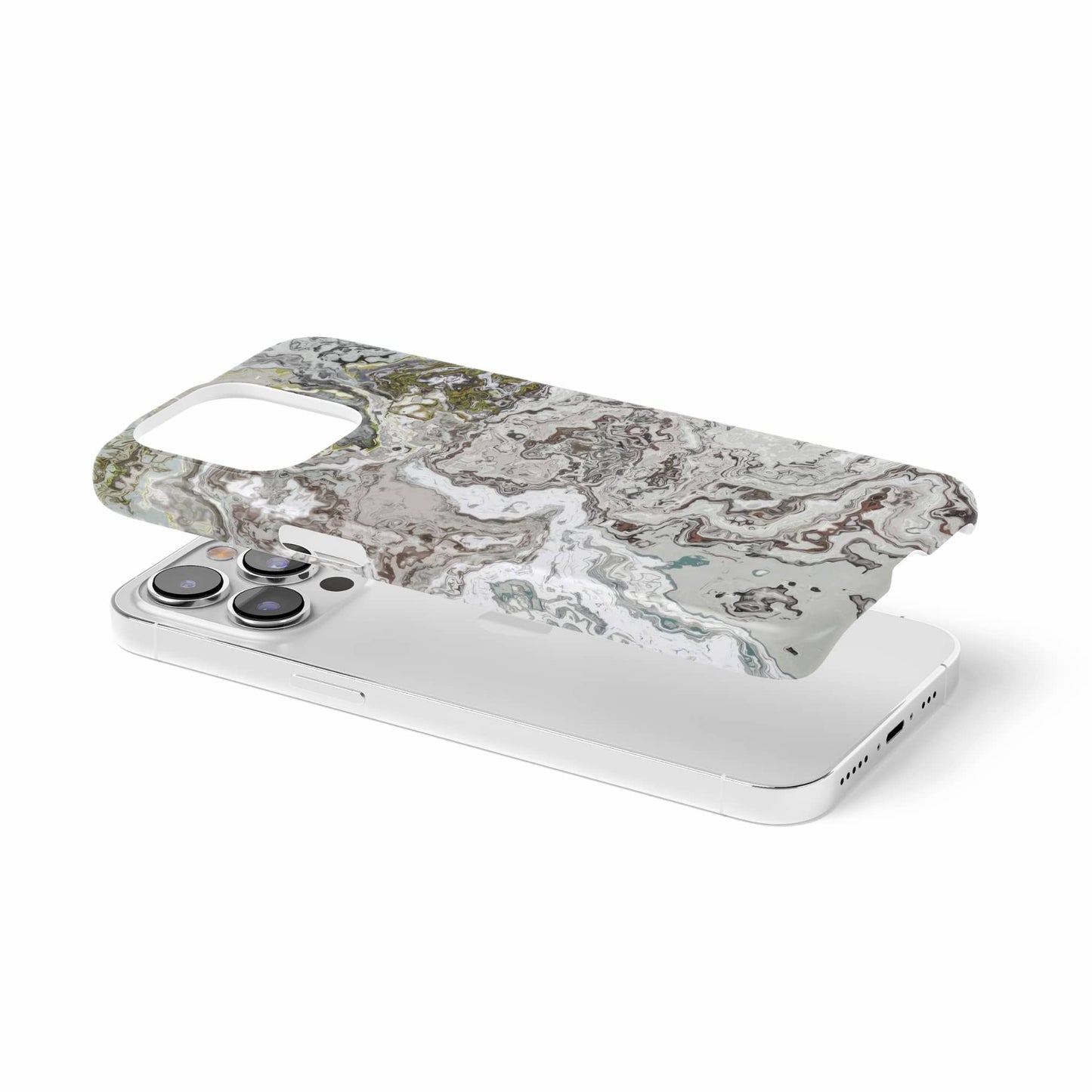 Ultra thin snap phone case extend view; Classic White Marble pattern, artistic, abstract marble pattern. White and grey color combination.