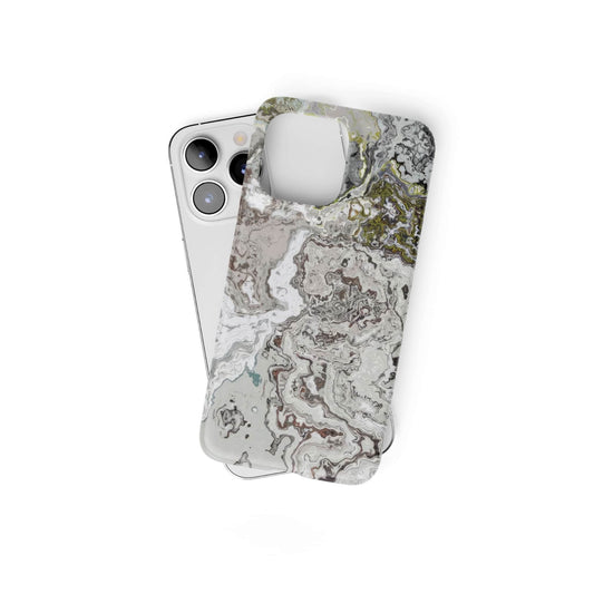 Ultra thin snap phone case front view; Classic White Marble pattern, artistic, abstract marble pattern. White and grey color combination. Bold expressive aesthetic design. Colorful and interior fit. Elegant.