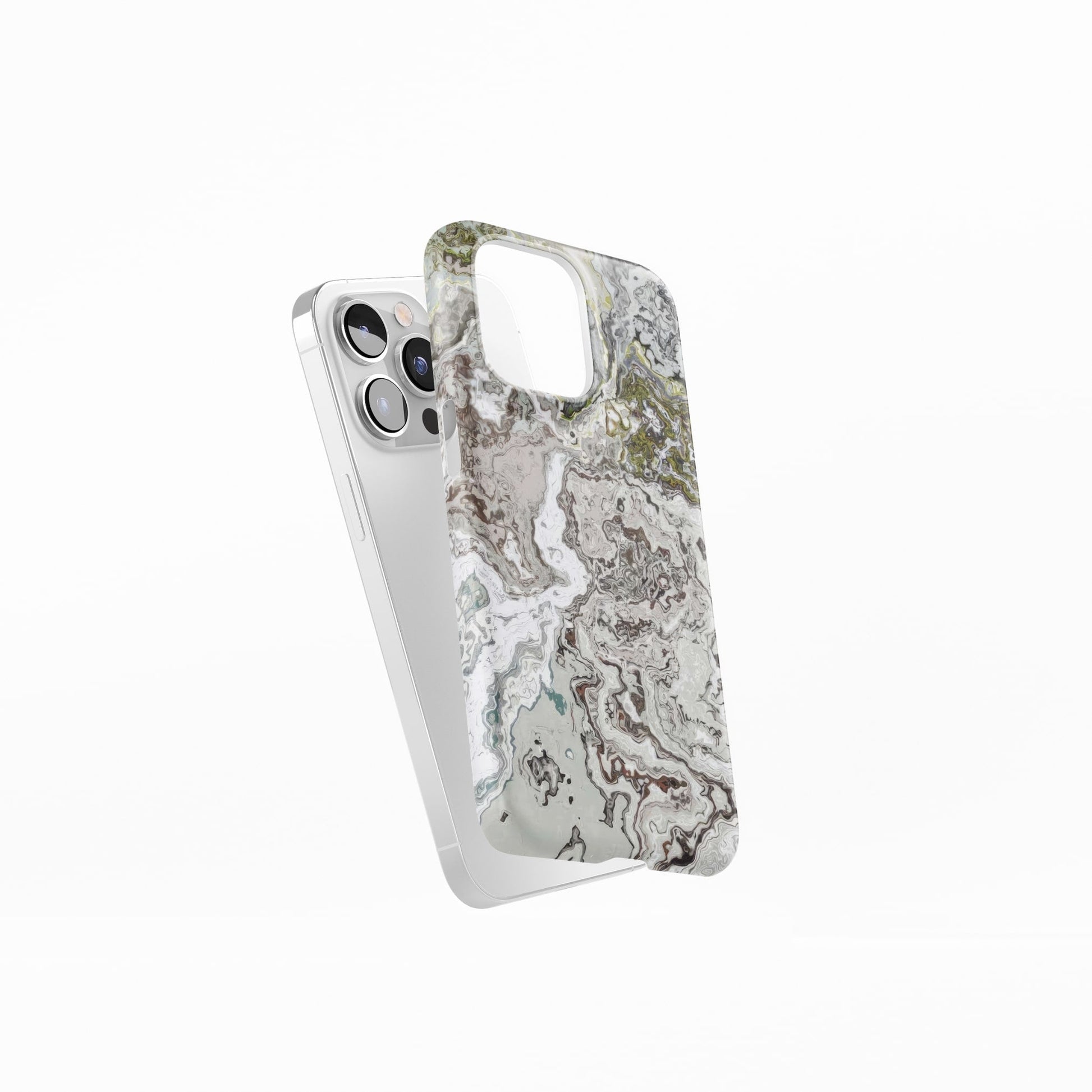 Ultra thin snap phone case side view; Classic White Marble pattern, artistic, abstract marble pattern. White and grey color combination.