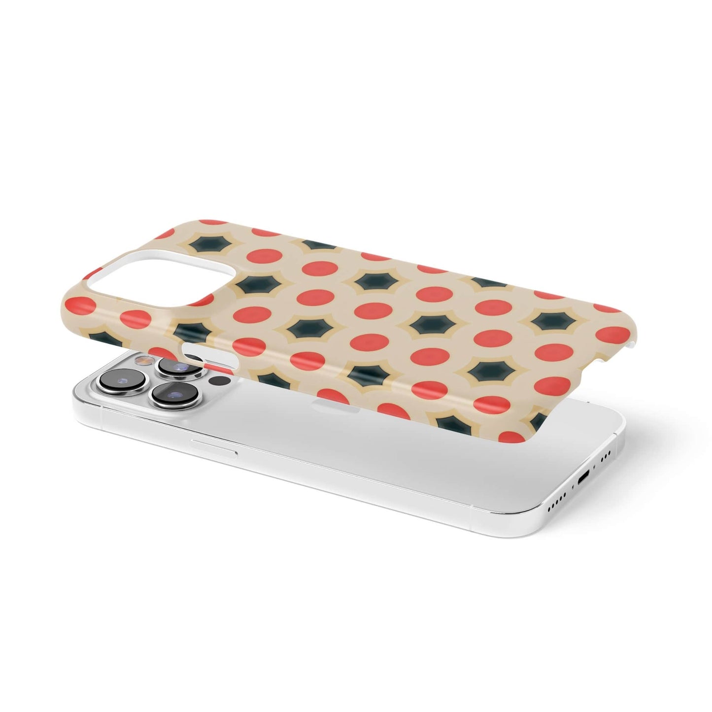 Ultra thin snap phone case extend view; Clown Add pattern, artistic, ornamental kaleidoscope pattern. Red and beige color combination. 