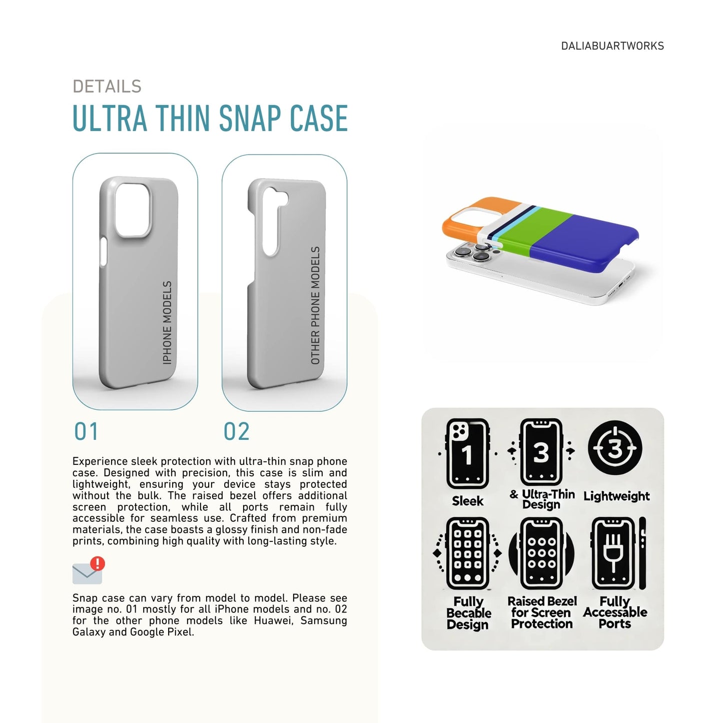 Ultra thin snap phone case Color Blocks 3 pattern design with a color blocks, featuring an elegant and expressive aesthetic design. Main colors are light green, violet and orange. Details about thin snug fit cover benefits.