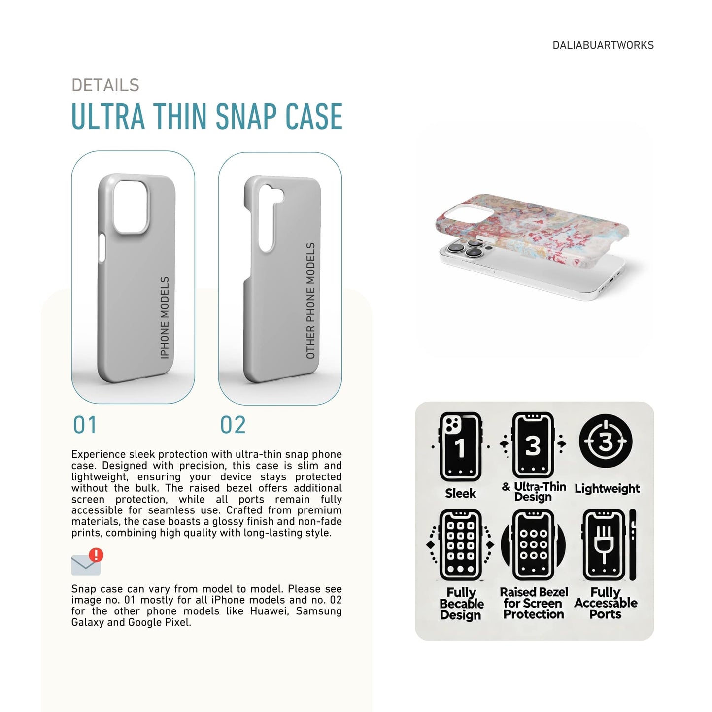 Ultra thin snap phone case front view; Divine Blue pattern, artistic, abstract marble pattern. Pink and light blue color combination. Details how to select correct snug fit phone case as per your phone model and features about ultra thin back case.