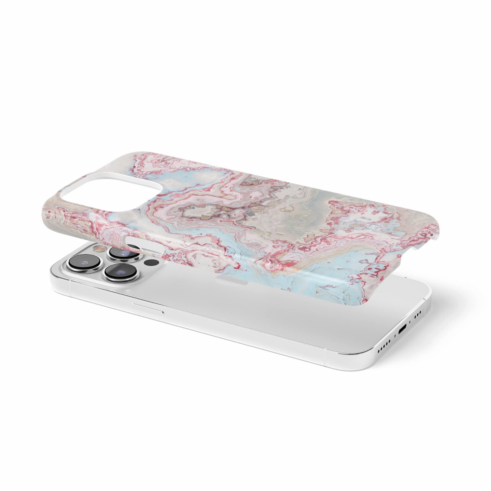 Ultra thin snap phone  case extend view; Divine Blue River pattern, artistic, abstract marble pattern. Light blue and pink color combination. 