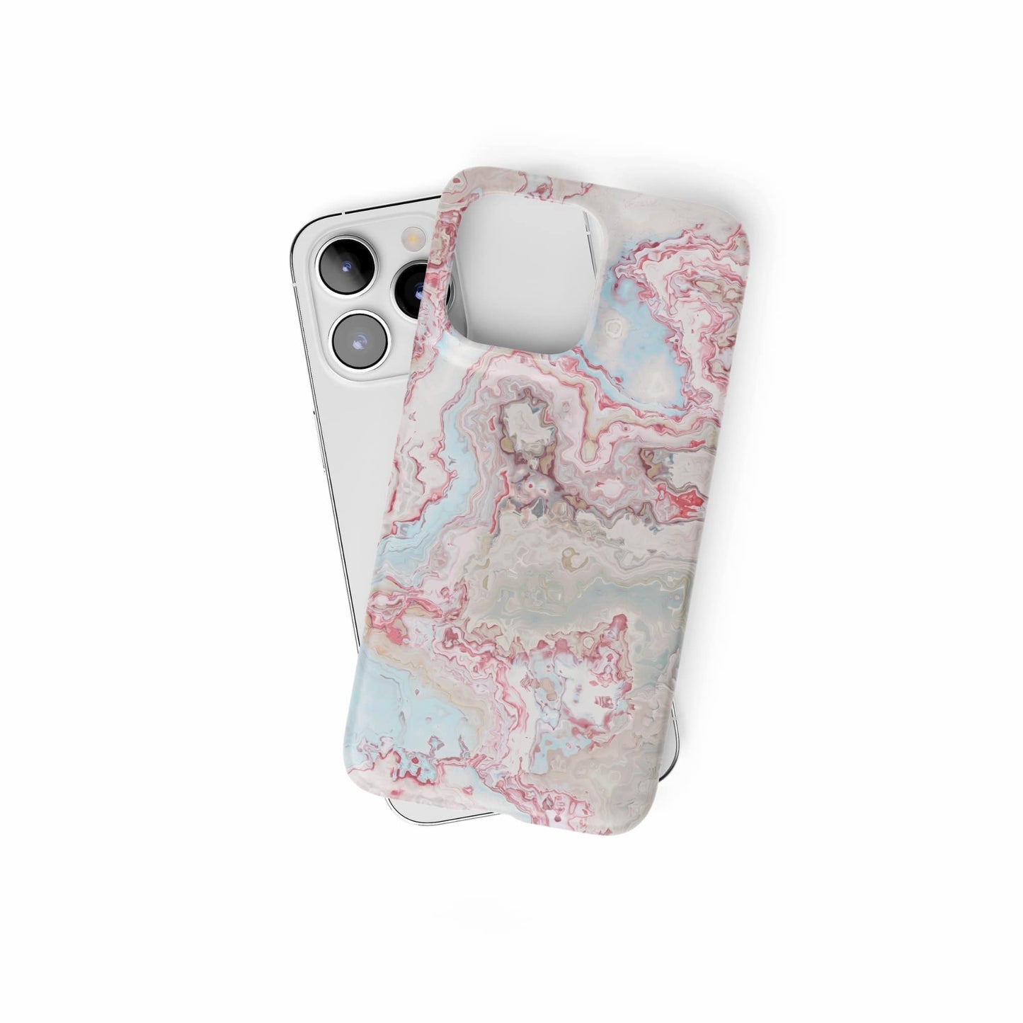 Ultra thin snap phone  case front view; Divine Blue River pattern, artistic, abstract marble pattern. Light blue and pink color combination. Bold expressive aesthetic design. Colorful and interior fit. Elegant.