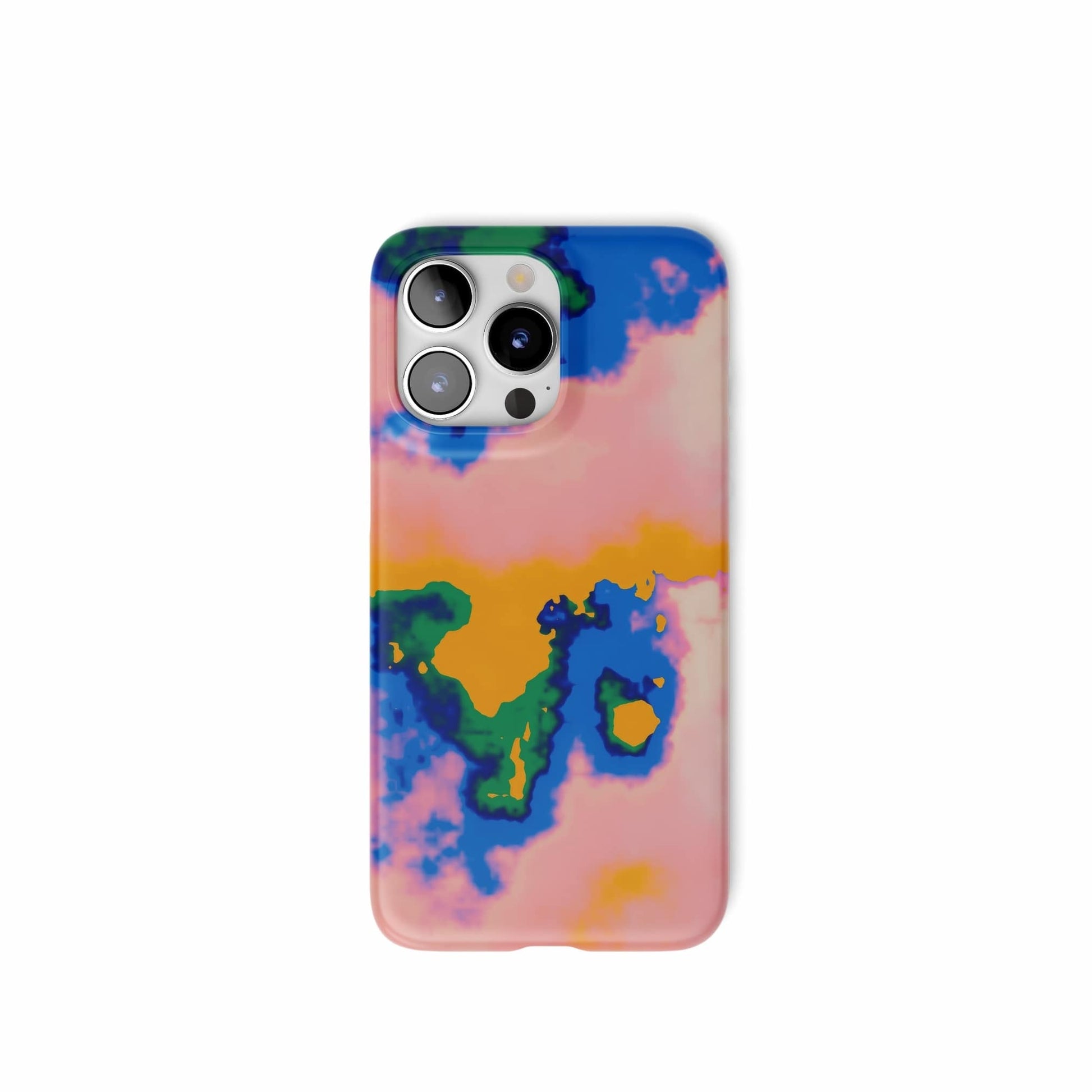 Ultra thin snap phone case front view; Electricity pattern, artistic, abstract marble pattern. Blue and orange color combination. 