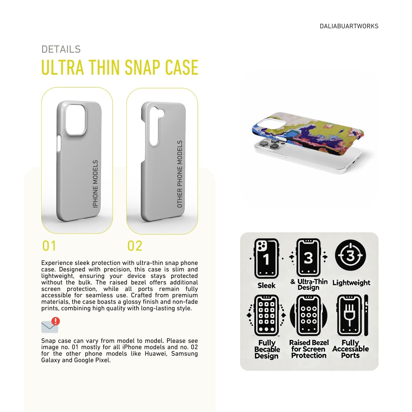 Ultra thin snap phone case front view; Jamaica pattern, artistic, abstract marble pattern. Dark blue, yellow and white color combination. Details about thin phone case features.