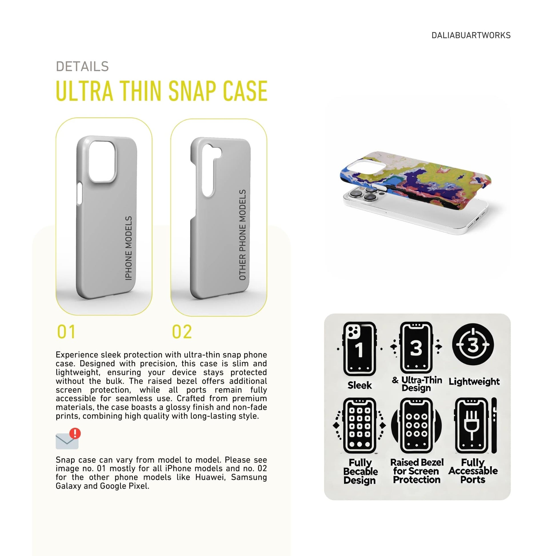 Ultra thin snap phone case front view; Jamaica pattern, artistic, abstract marble pattern. Dark blue, yellow and white color combination. Details about thin phone case features.