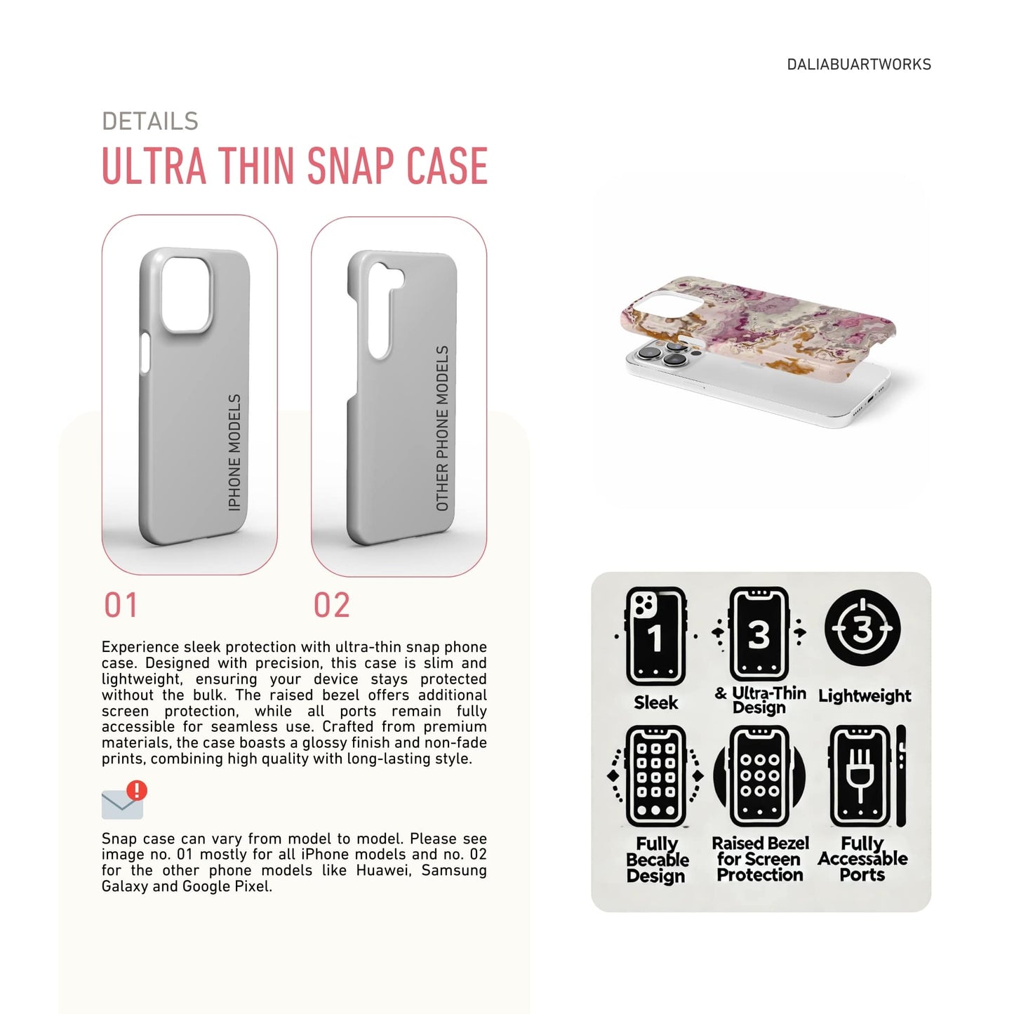 Ultra thin snap phone case front view; Marshmallow pattern, artistic, abstract marble pattern. Pink and beige color combination. Details how to select correct phone case as per your phone model and features about snap snug fit phone case.
