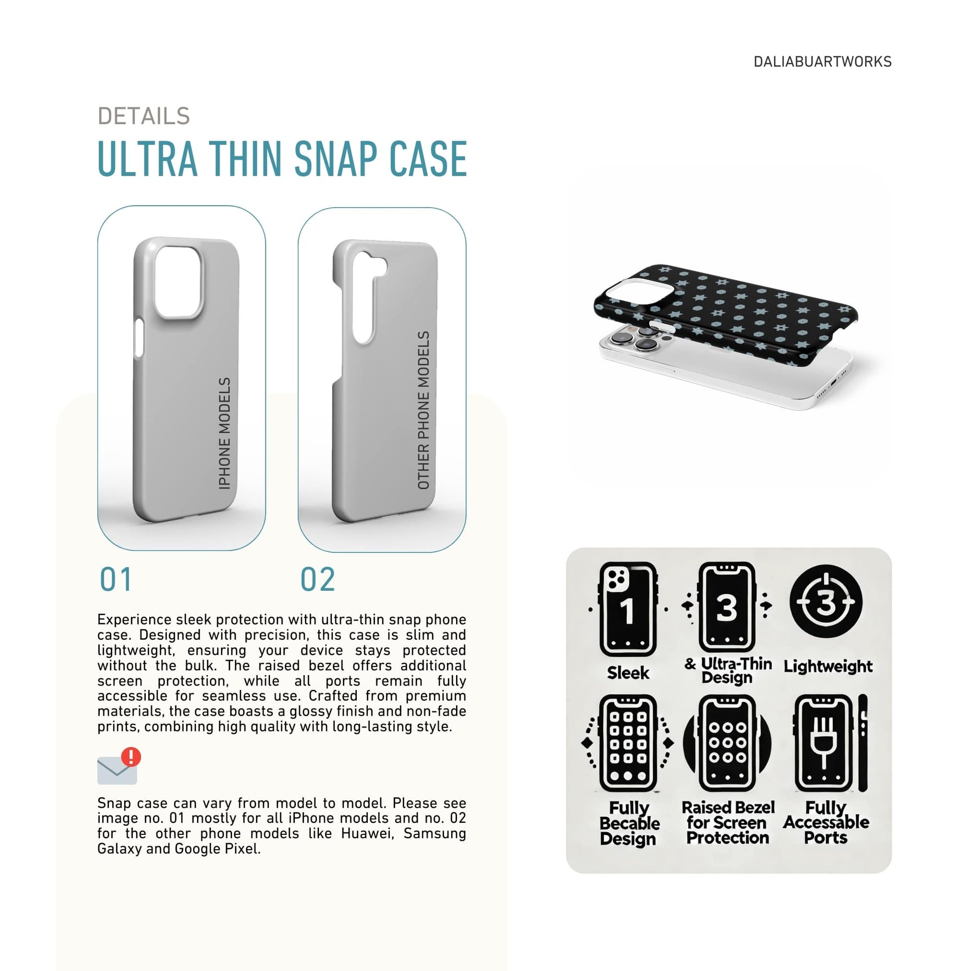 Snap phone case front view; Midnight Stars pattern, ornamental pattern; kaleidoscope pattern imagination. Details about snap phone case features.