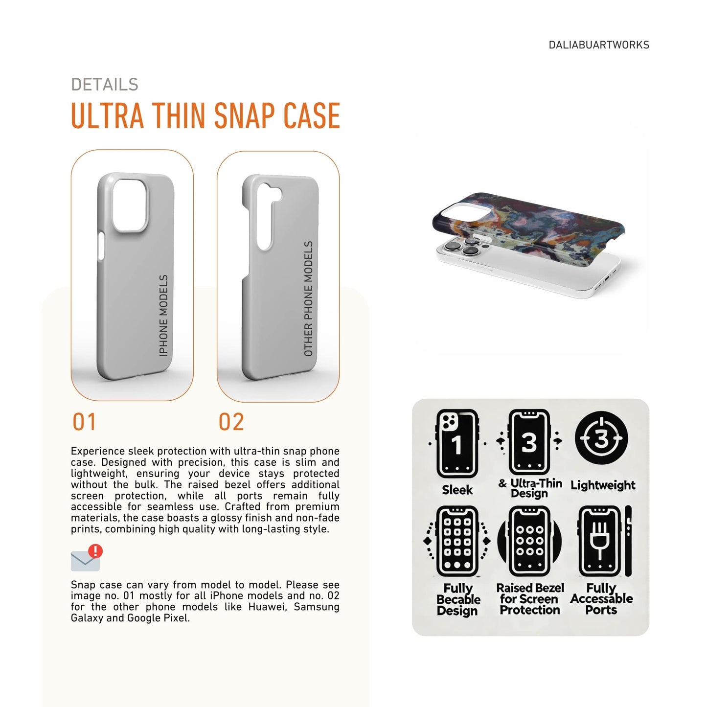 Ultra thin snap phone case front view; Molten Berries pattern, artistic, abstract marble pattern. Deep. purple color. Details how to select correct phone case as per your phone model and features about snap snug fit phone case.