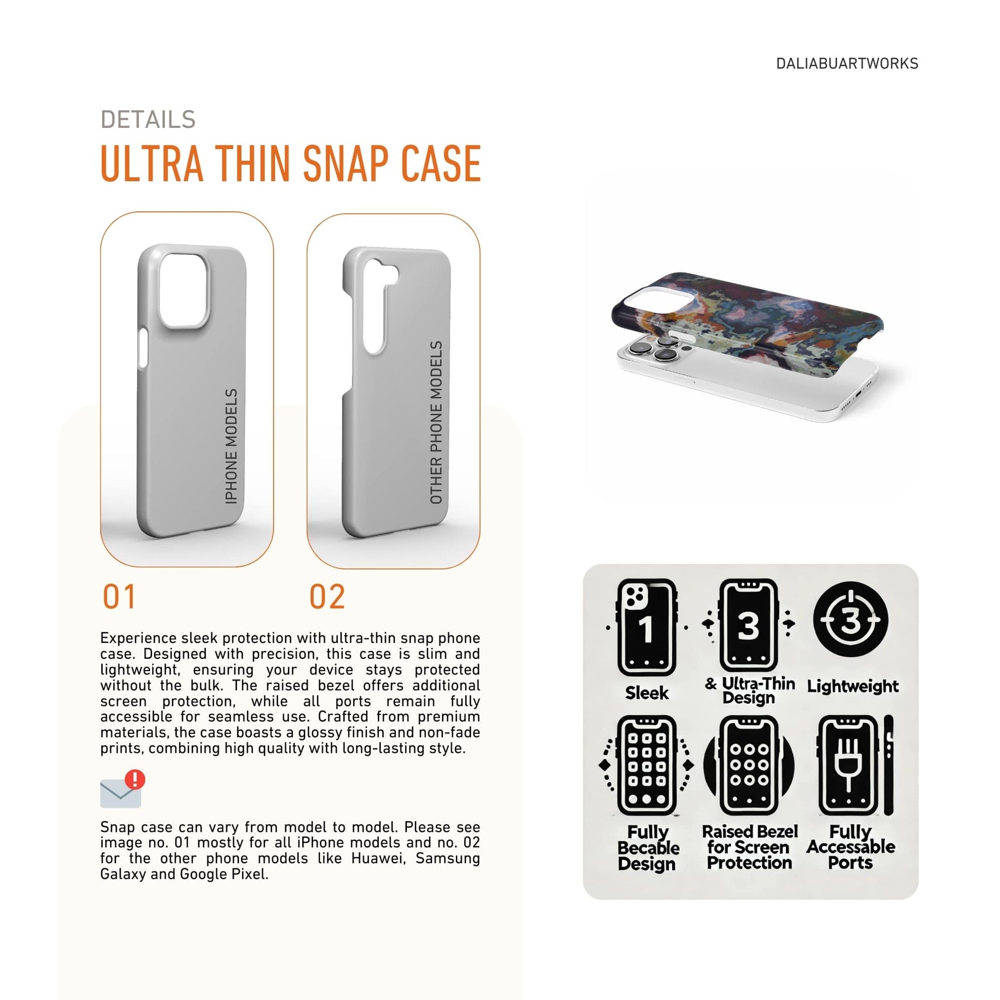 Ultra thin snap phone case front view; Molten Berries pattern, artistic, abstract marble pattern. Deep. purple color. Details how to select correct phone case as per your phone model and features about snap snug fit phone case.