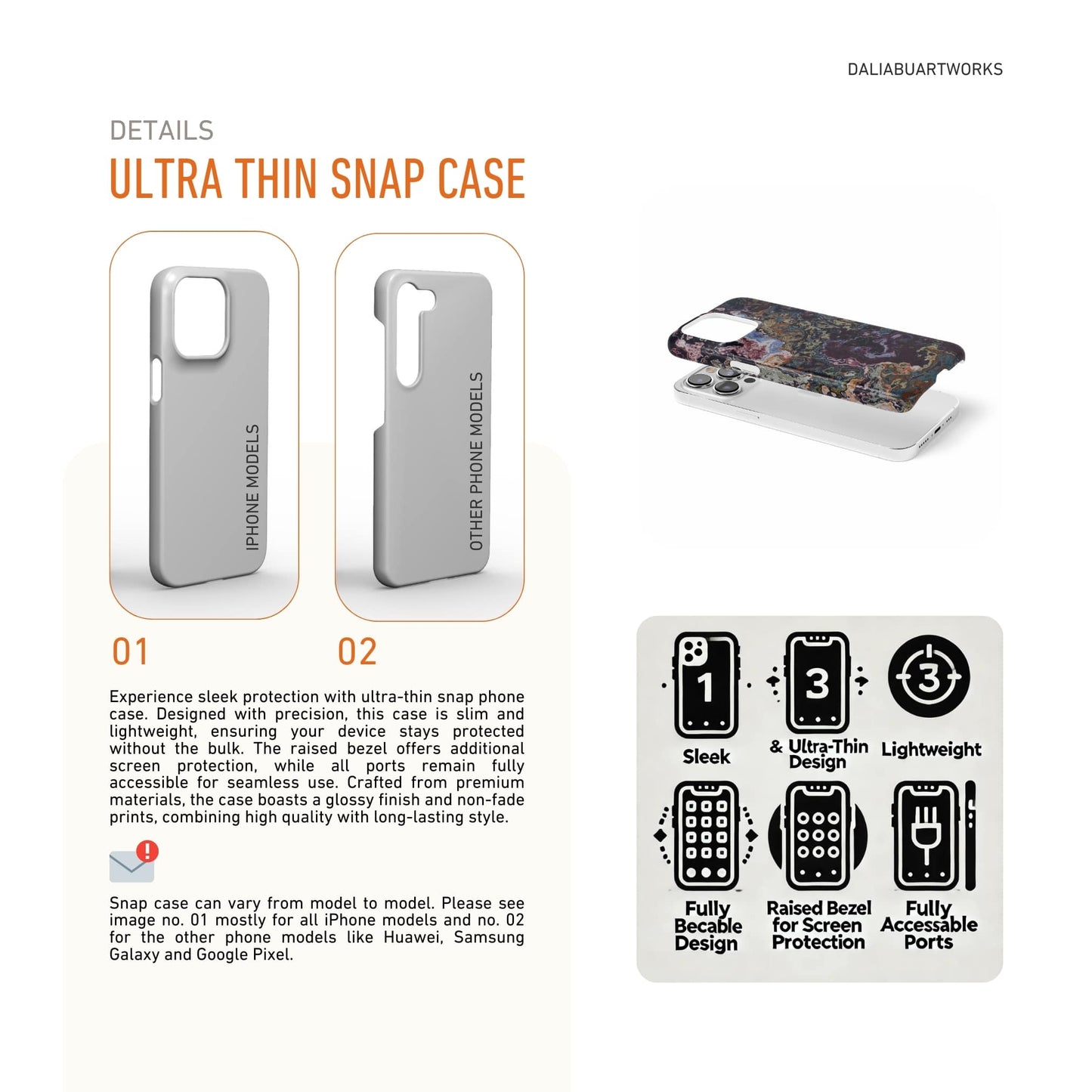 Ultra thin snap phone case front view; Molten Berries Mix  pattern, artistic, abstract marble pattern. Deep. purple color. Details how to select correct phone case as per your phone model and features about snap snug fit phone case.