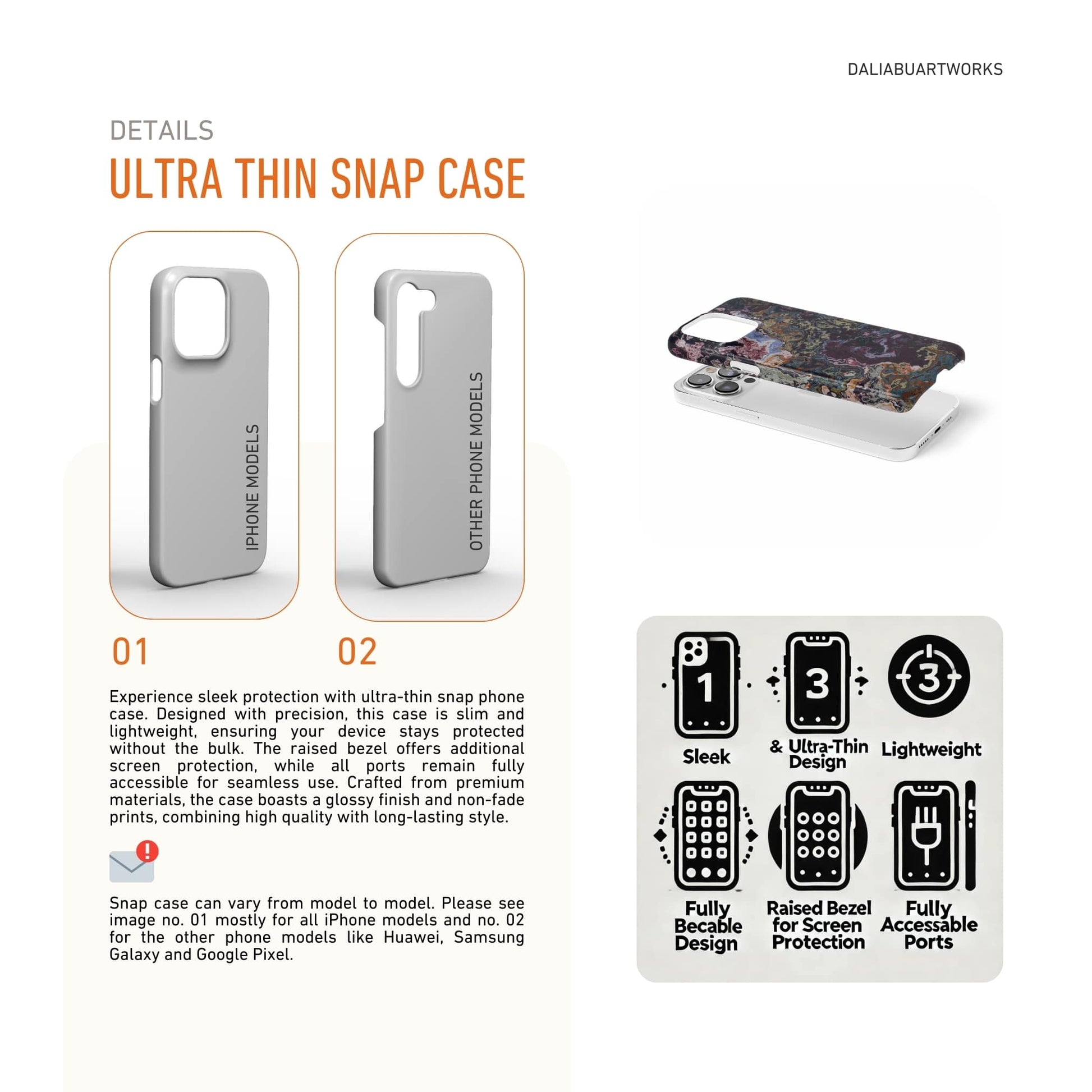 Ultra thin snap phone case front view; Molten Berries Mix  pattern, artistic, abstract marble pattern. Deep. purple color. Details how to select correct phone case as per your phone model and features about snap snug fit phone case.