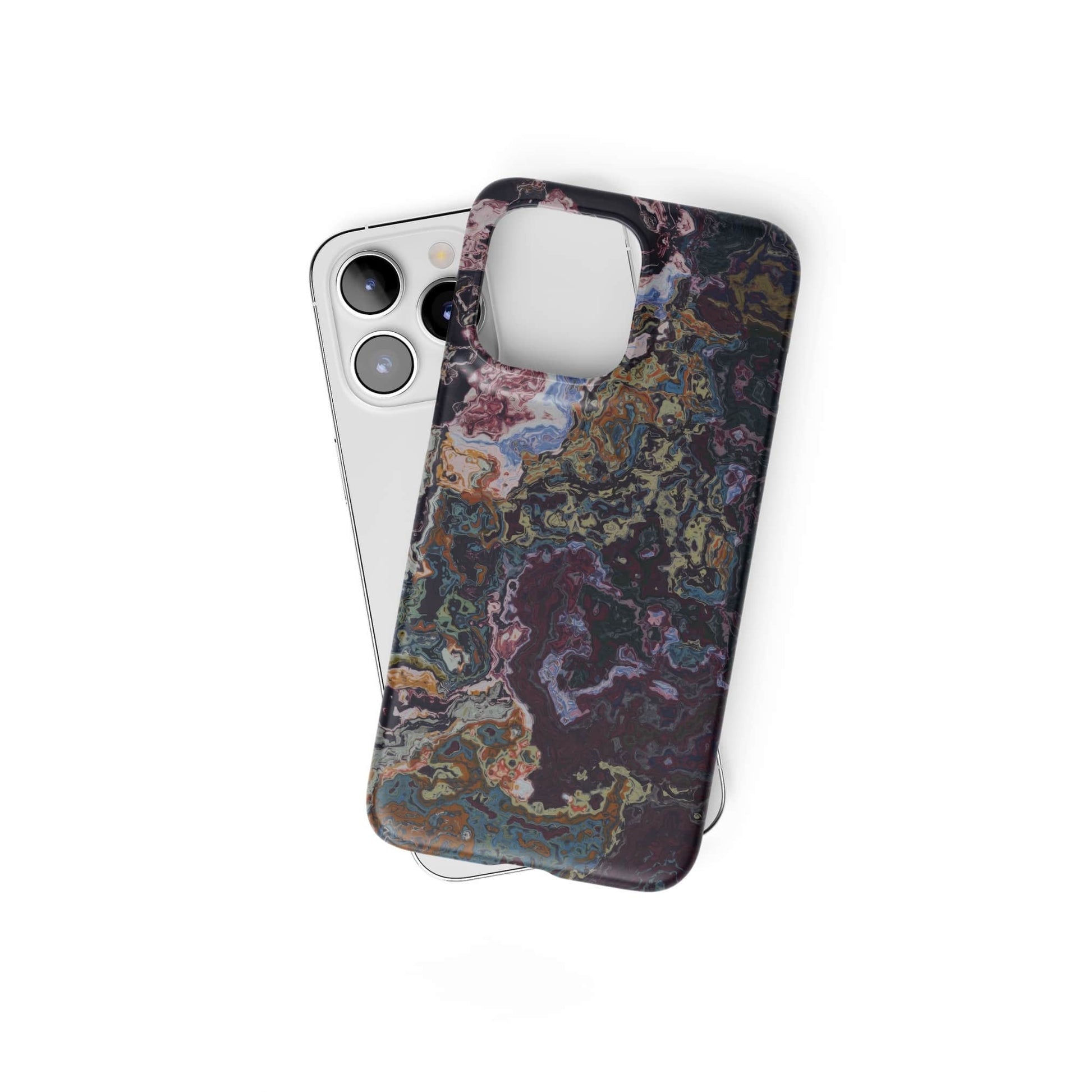 Ultra thin snap phone case front view; Molten Berries Mix pattern, artistic, abstract marble pattern. Deep. purple color. Bold expressive aesthetic design. Colorful and interior fit. Elegant.