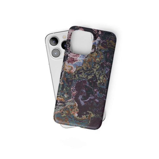 Ultra thin snap phone case front view; Molten Berries Mix pattern, artistic, abstract marble pattern. Deep. purple color. Bold expressive aesthetic design. Colorful and interior fit. Elegant.