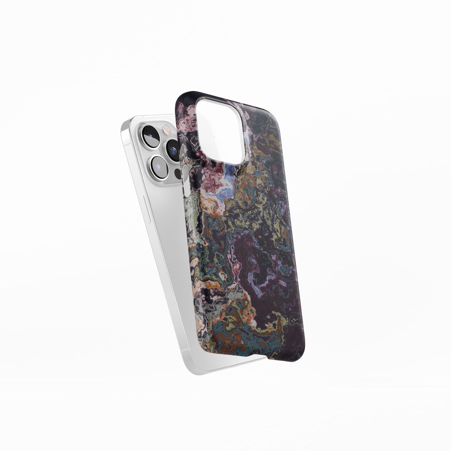 Ultra thin snap phone case side view; Molten Berries Mix pattern, artistic, abstract marble pattern. Deep. purple color.