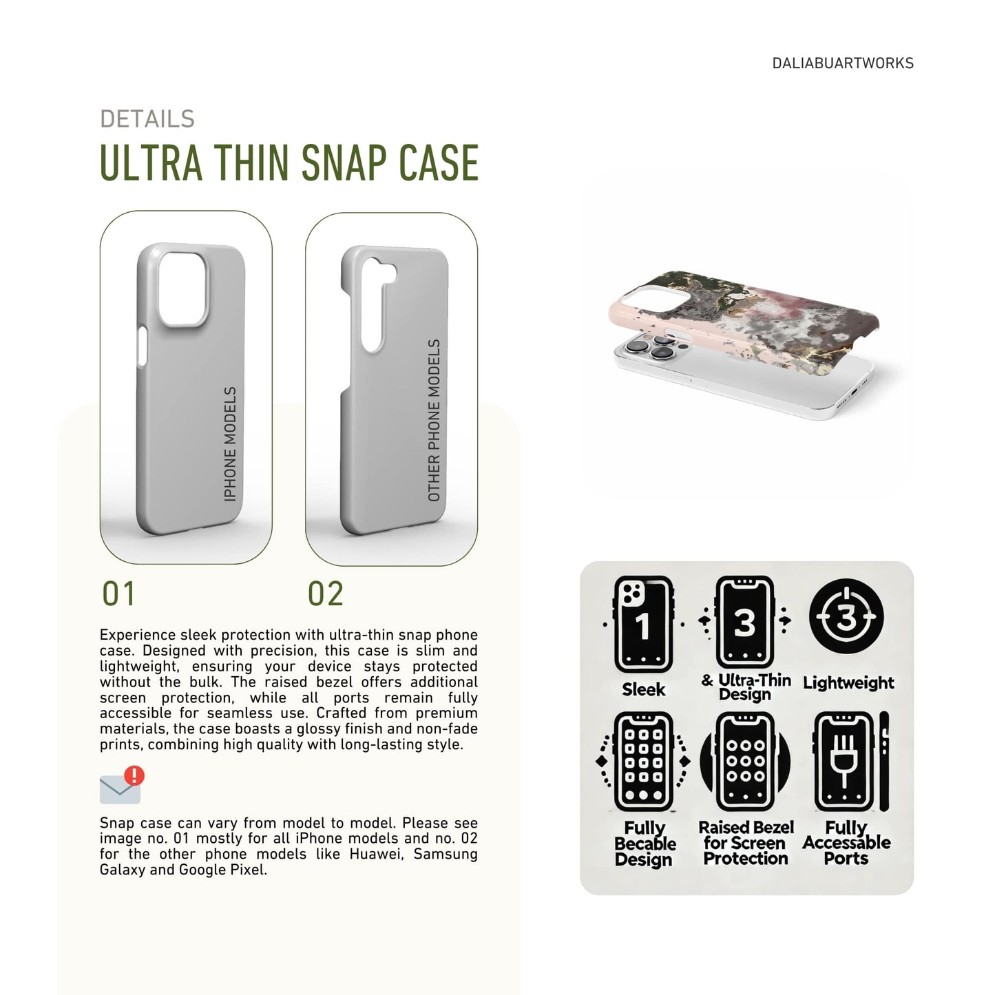 Ultra thin snap phone case front view; Pink Moss pattern, artistic, abstract marble pattern. Pink and grey color combination. Description about ultra thin snug fit phone cover features.