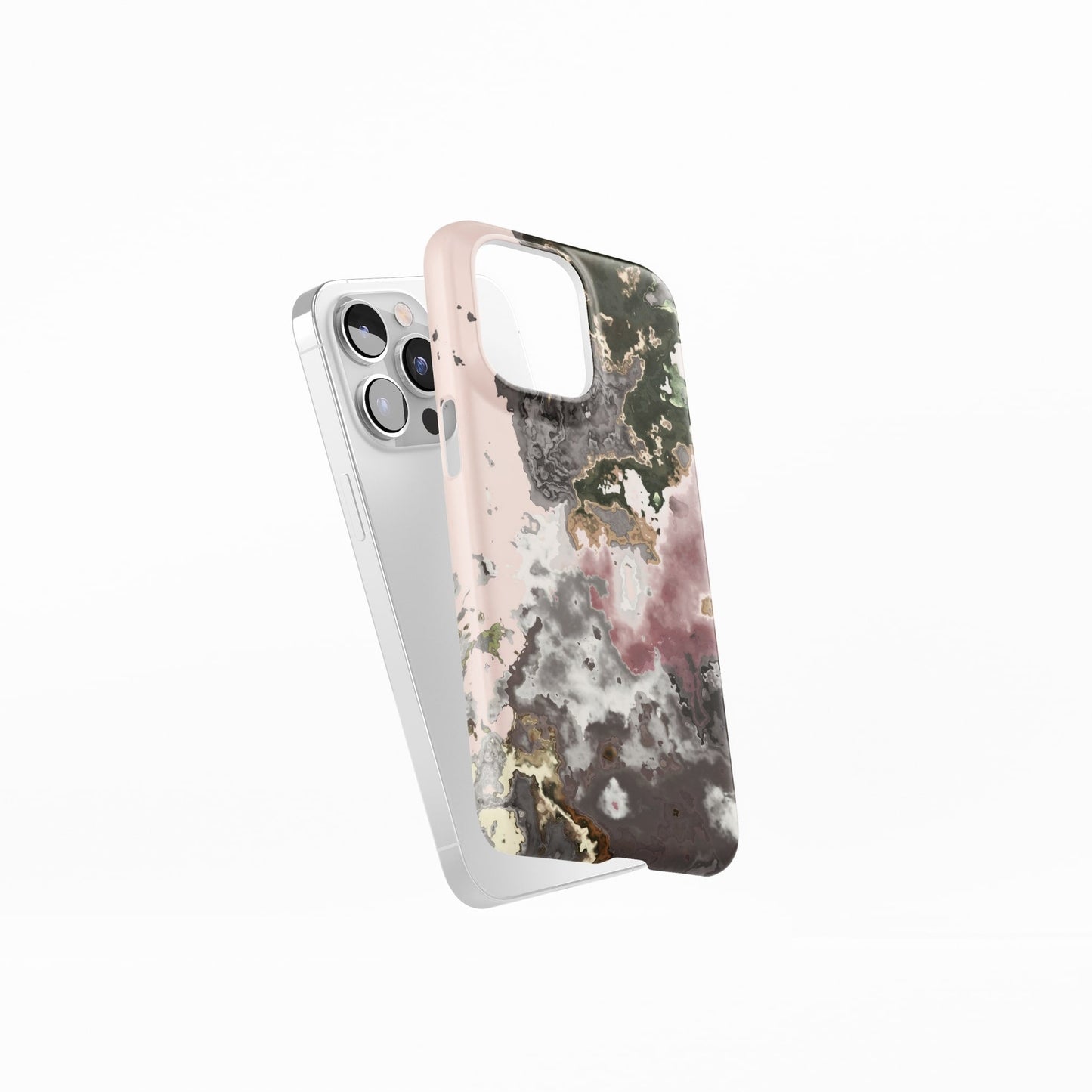 Ultra thin snap phone case side view; Pink Moss pattern, artistic, abstract marble pattern. Pink and grey color combination.