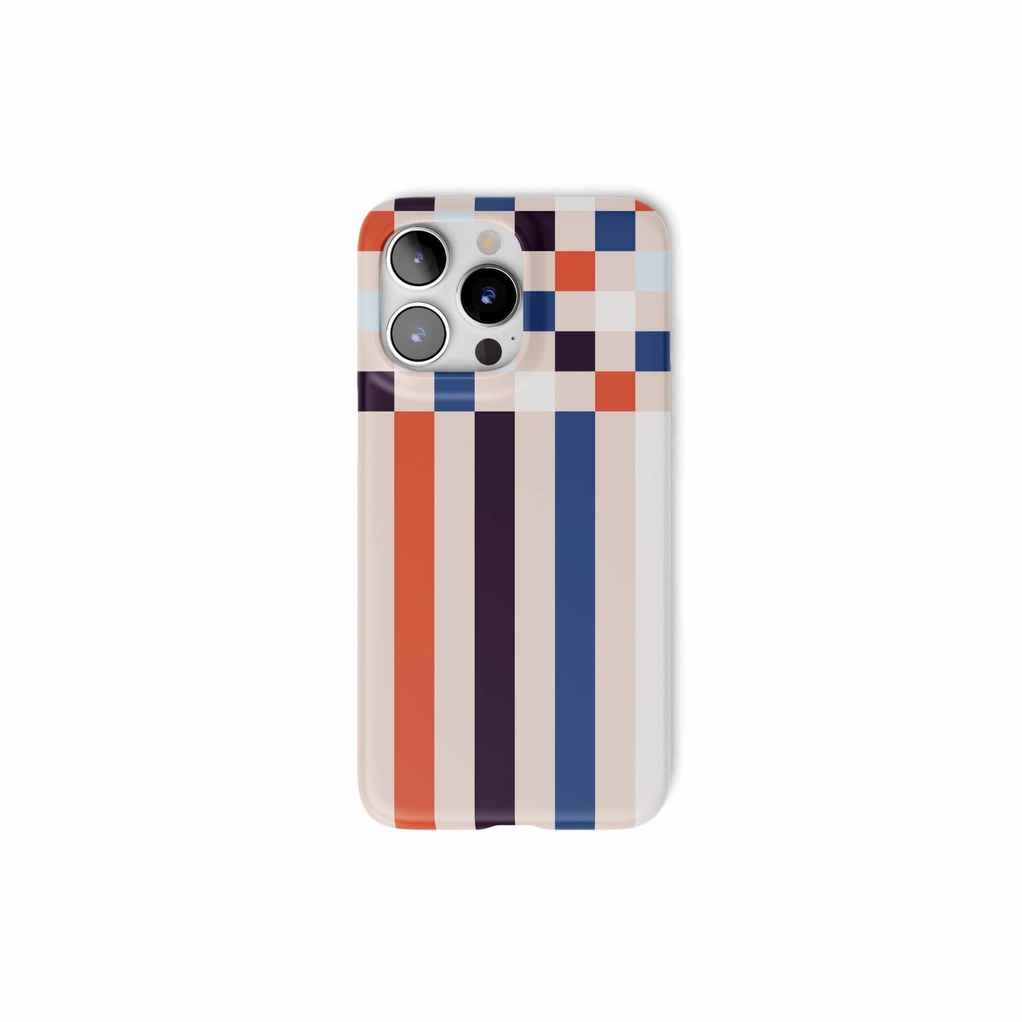 Ultra thin snap phone case Pixel Grid Blue pattern design with a bold color blocks in pixel and stripes modern style, featuring an elegant and expressive aesthetic design. Main colors are pink, navy, orange red and light sky blue. Front view.