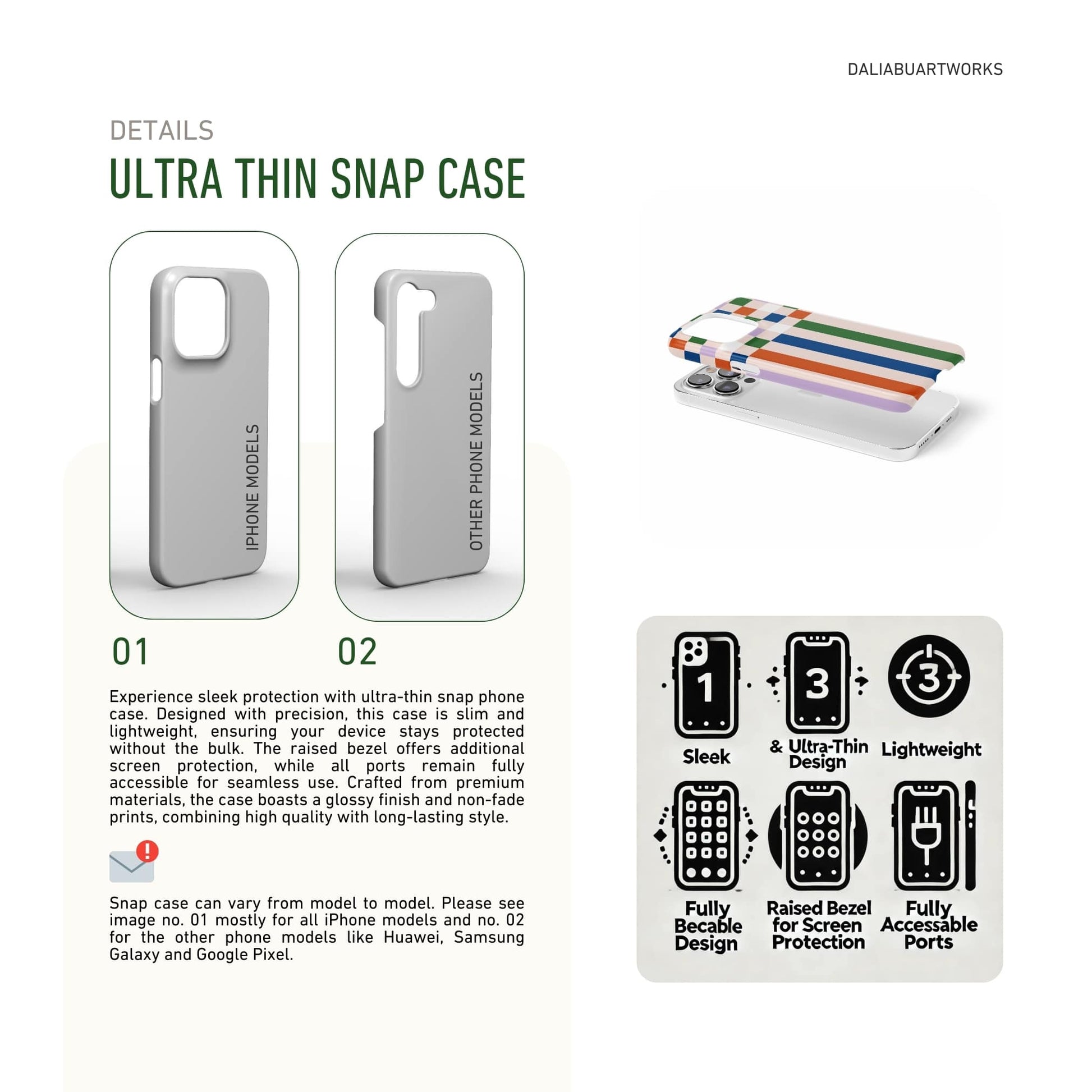 Ultra thin snap phone case Pixel Grid Multi pattern design with a bold color blocks in pixel and stripes modern style, featuring an elegant and expressive aesthetic design. Main colors are rich orange, blue, lilac and green. Details about snug fit phone cover features.