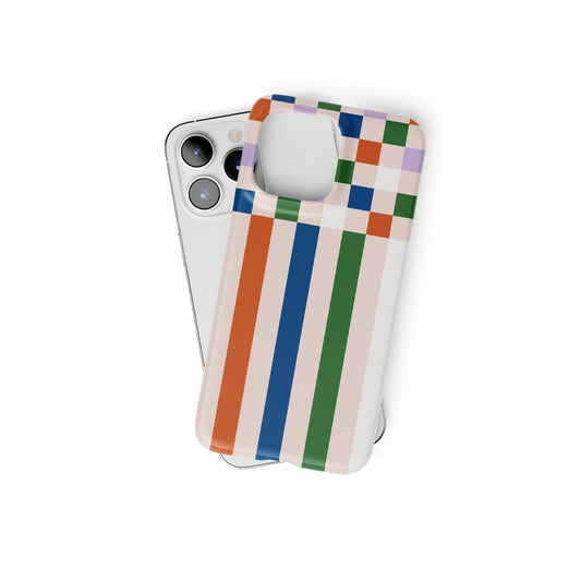 Ultra thin snap phone case Pixel Grid Multi pattern design with a bold color blocks in pixel and stripes modern style, featuring an elegant and expressive aesthetic design. Main colors are rich orange, blue, lilac and green. Front view.
