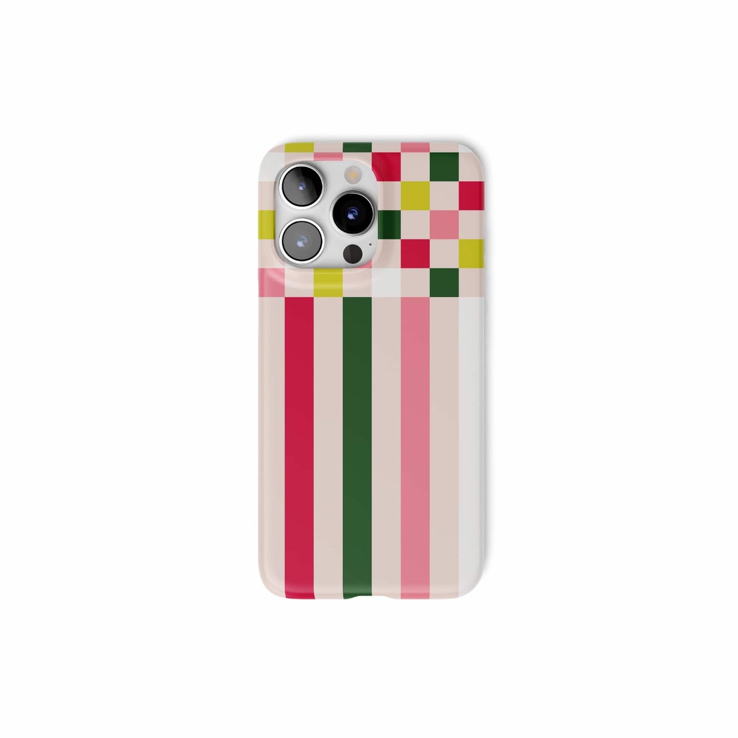 Ultra thin snap snug fit phone case Pixel Grid Pink pattern design with a bold color blocks in pixel and stripes modern style, featuring an elegant and expressive aesthetic design. Main colors are rich red, pink yellow and green. Front view.