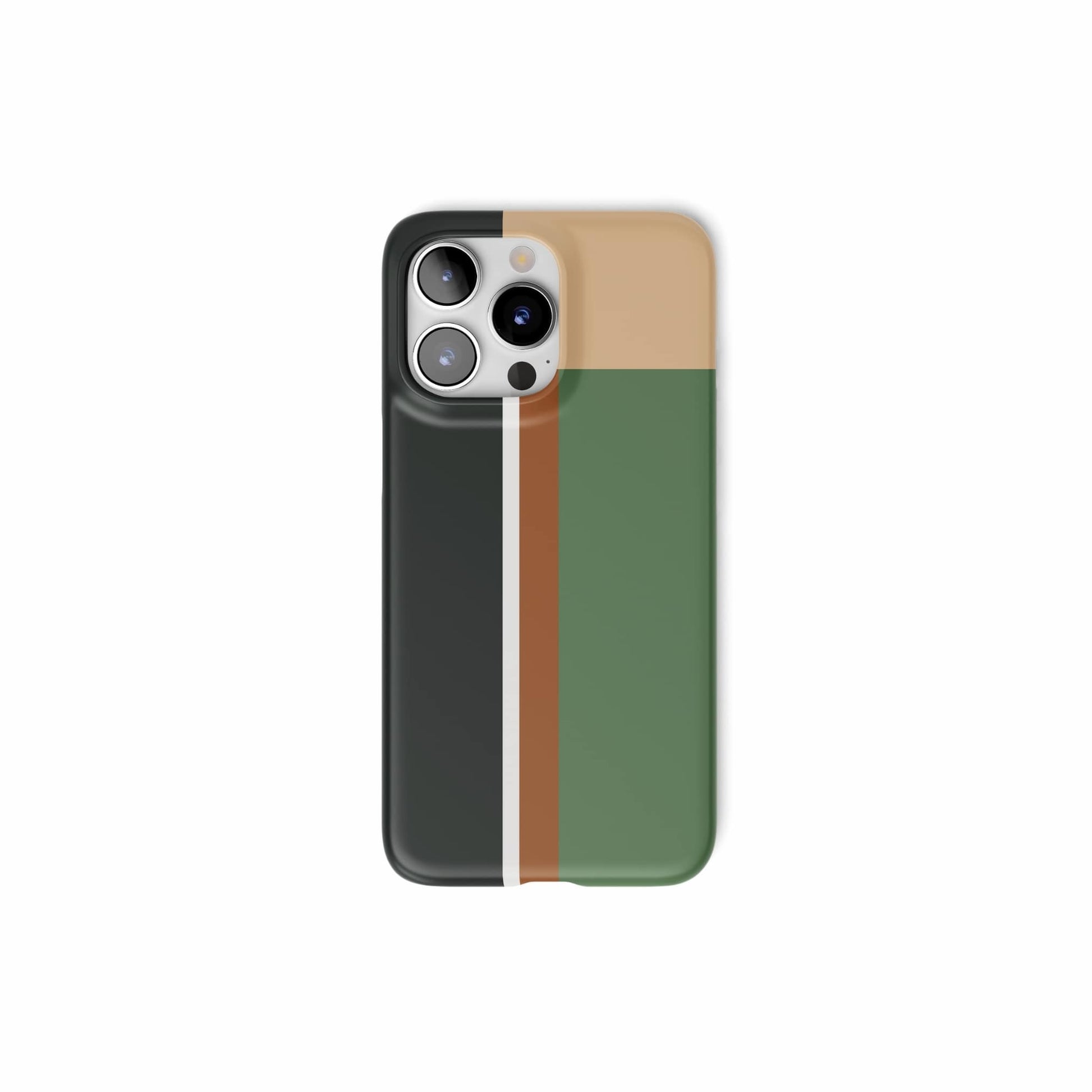 Ultra thin snap phone phone case Retro Stripes Khaki pattern design with a bold color blocks in vintage, mid century modern style, featuring an elegant and expressive aesthetic design. Main colors are khaki, dark green, brown and cappuccino. Front view.