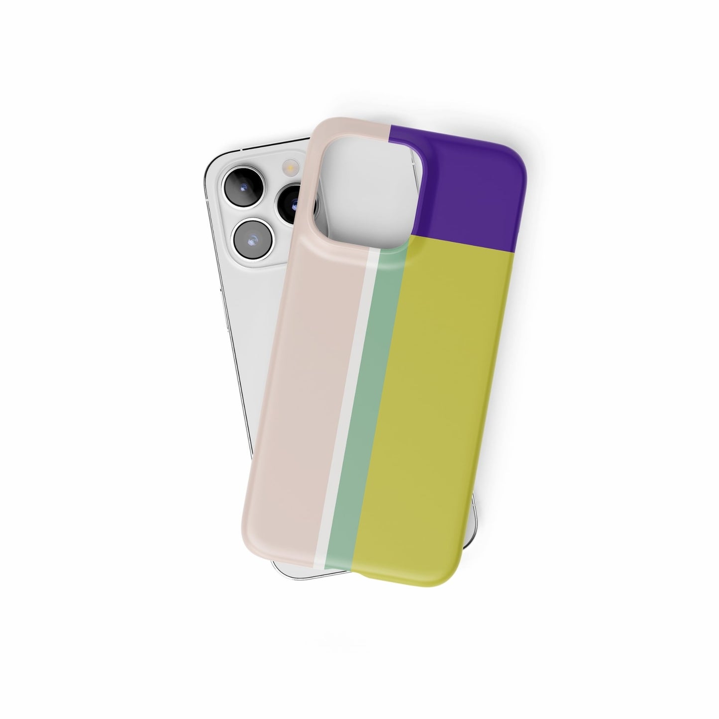 Ultra thin snap phone case Retro Stripes Yellow pattern design with a bold color blocks in vintage, mid century modern style, featuring an elegant and expressive aesthetic design. Main colors are mustard yellow, purple and light pink. Front view.