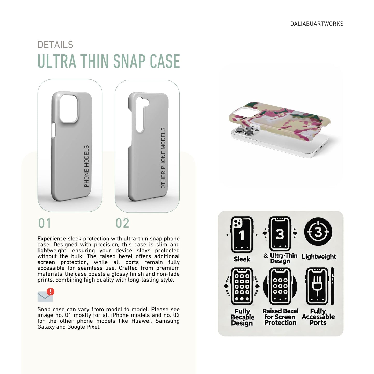 Ultra thin snap phone case front view; Sandscape Dream pattern, artistic, abstract marble pattern. Beige and purple color combination. Description about ultra thin snug fit phone cover features.