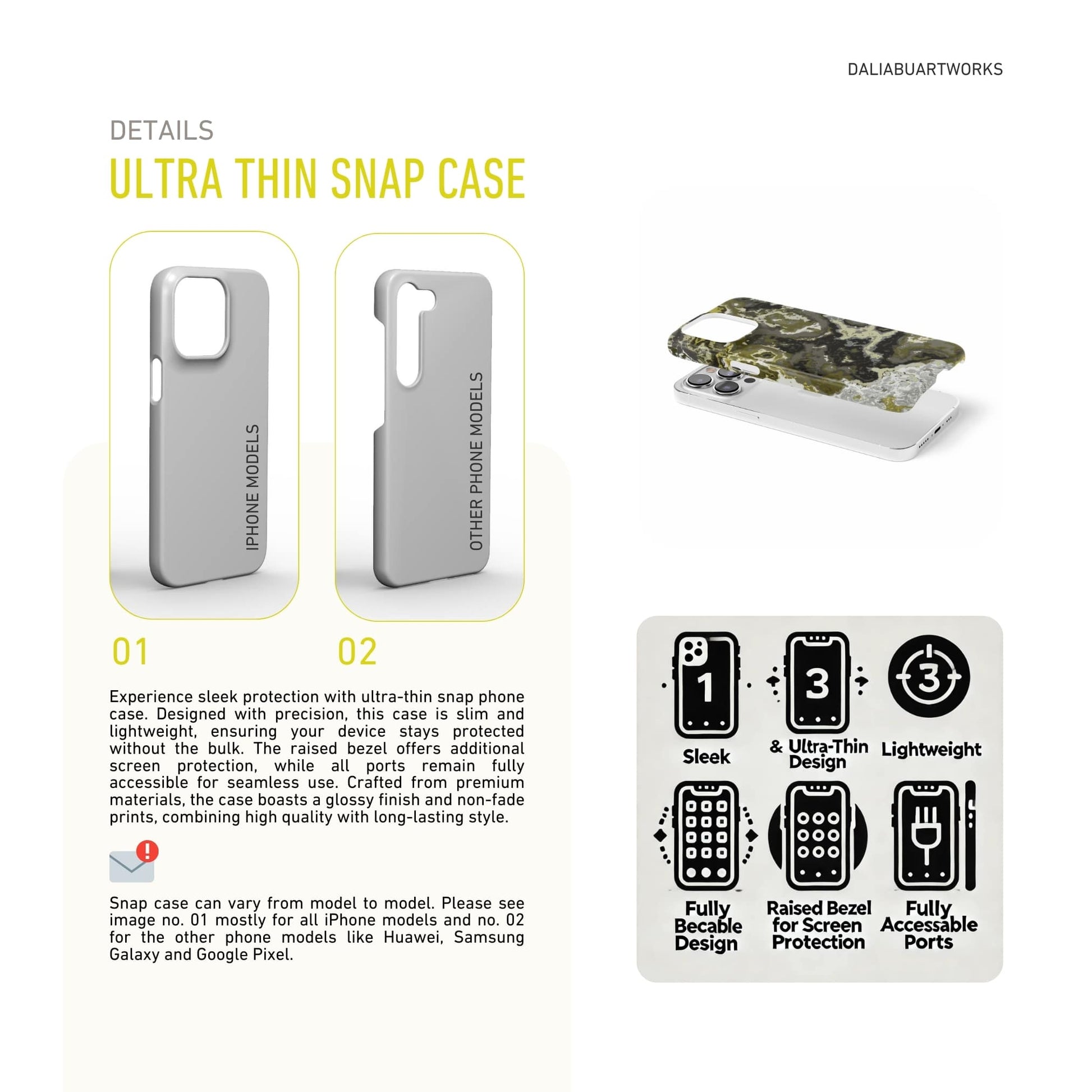 Ultra thin snap phone case front view; Spring Rain pattern, artistic, abstract marble pattern. Black, grey and yellow color combination. Description about ultra thin snug fit phone cover features.