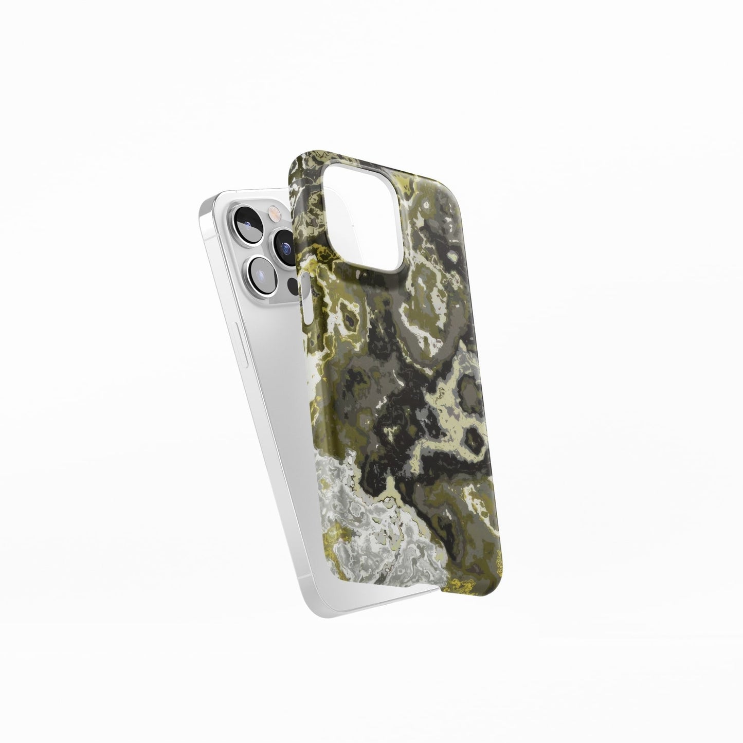 Ultra thin snap phone case side view; Spring Rain pattern, artistic, abstract marble pattern. Black, grey and yellow color combination.