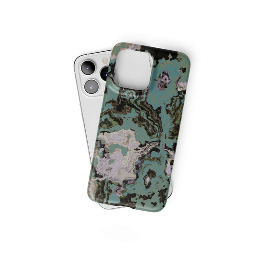 Ultra thin snap phone case with a bold vivid pattern in marble abstract and artistic style, featuring an elegant and expressive aesthetic design. Main colors are teal blue and light lilac. Front view.