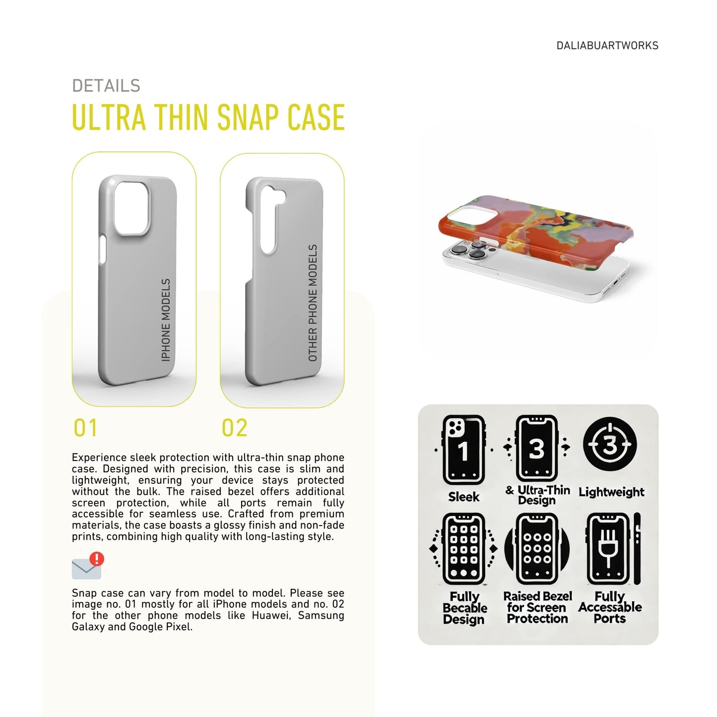 Ultra thin snap phone case front view; Tropical pattern, artistic, abstract marble pattern. Orange and yellow color combination. Description about ultra thin snug fit phone cover features.