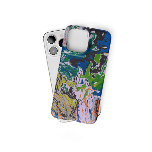 Snap phone case with a bold vivid pattern in marble abstract and artistic style, featuring an elegant and expressive aesthetic design. Main colors are blue, green and yellow with slight orange. Front view.