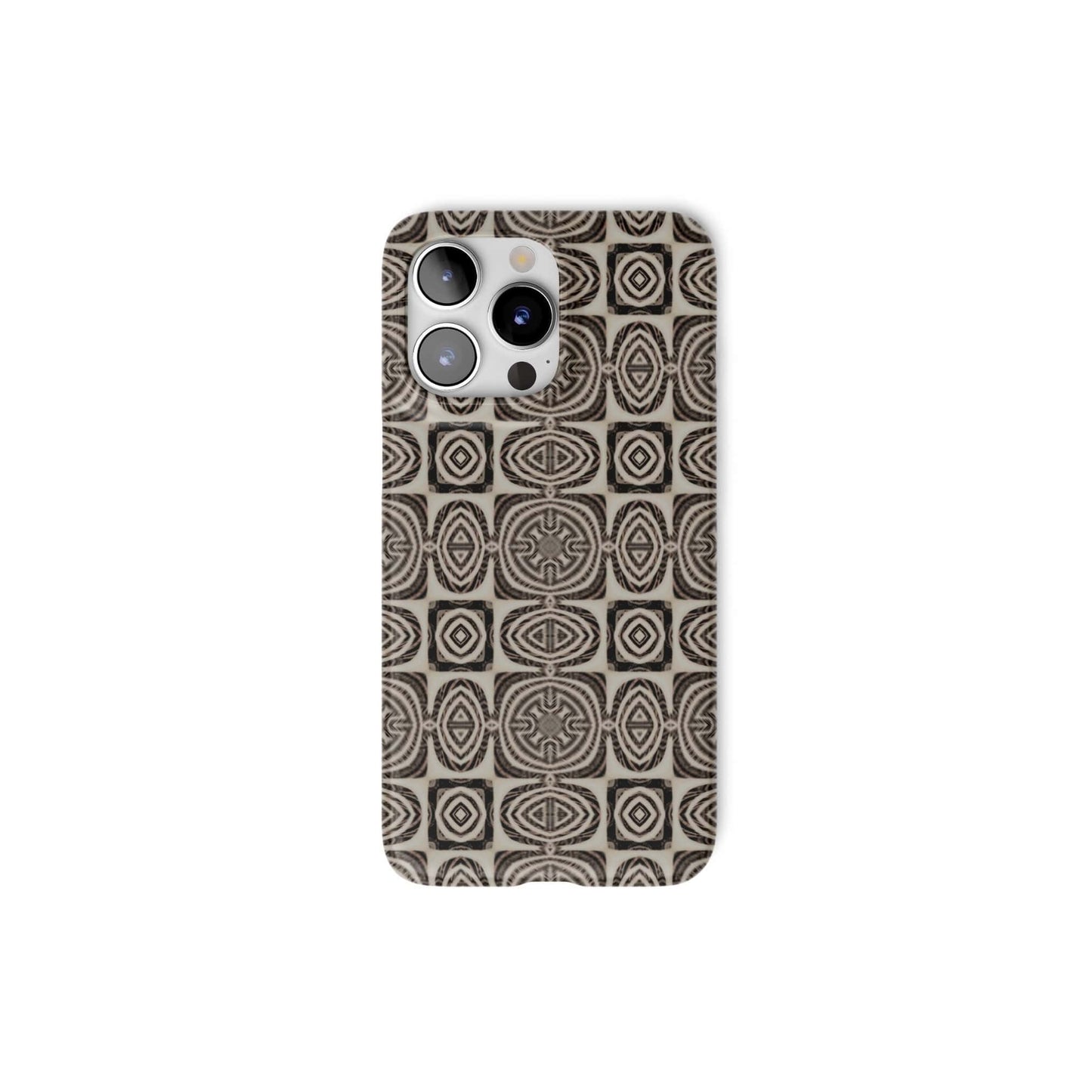 Snap phone case front view; Wooden Snake 1 pattern, ornamental pattern; kaleidoscope pattern imagination. Brown color.