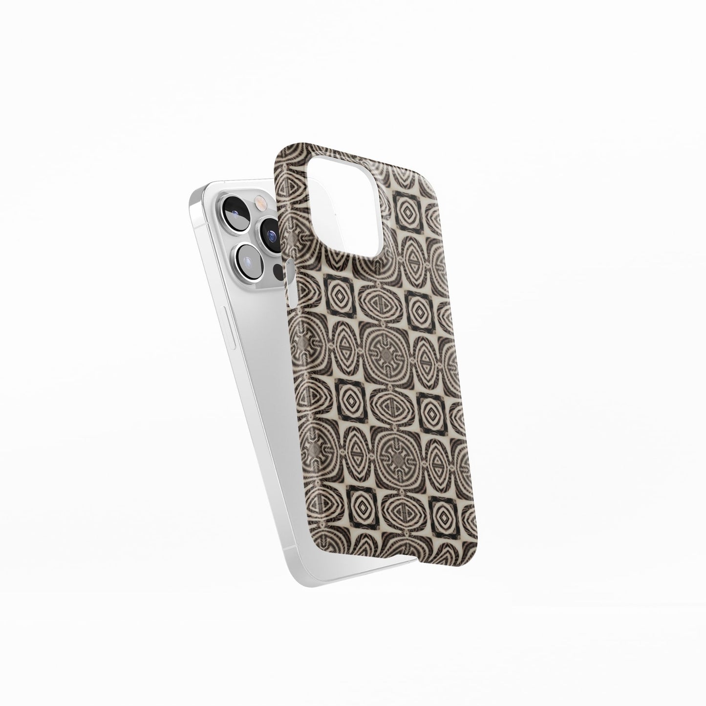 Snap phone case side view; Wooden Snake 1 pattern, ornamental pattern; kaleidoscope pattern imagination. Brown color.