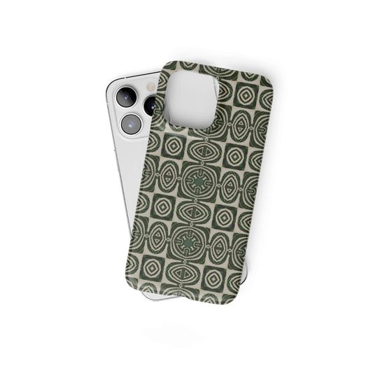 Ultra thin snap phone case front view; Wooden Snake 2 pattern, ornamental pattern; kaleidoscope pattern imagination. Green color. Bold expressive aesthetic design. Colorful and interior fit. Elegant.
