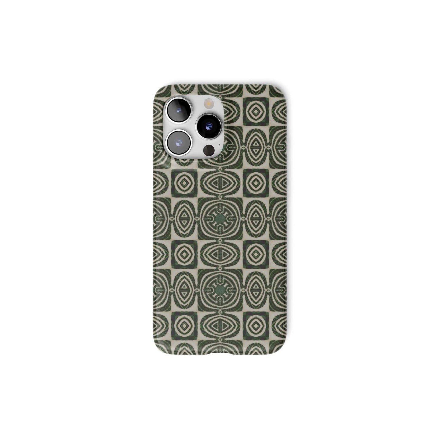 Ultra thin snap phone case front view; Wooden Snake 2 pattern, ornamental pattern; kaleidoscope pattern imagination. Green color.