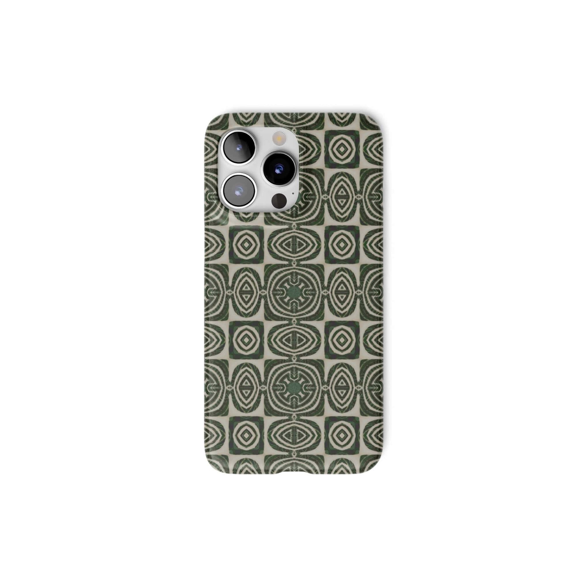 Ultra thin snap phone case front view; Wooden Snake 2 pattern, ornamental pattern; kaleidoscope pattern imagination. Green color.