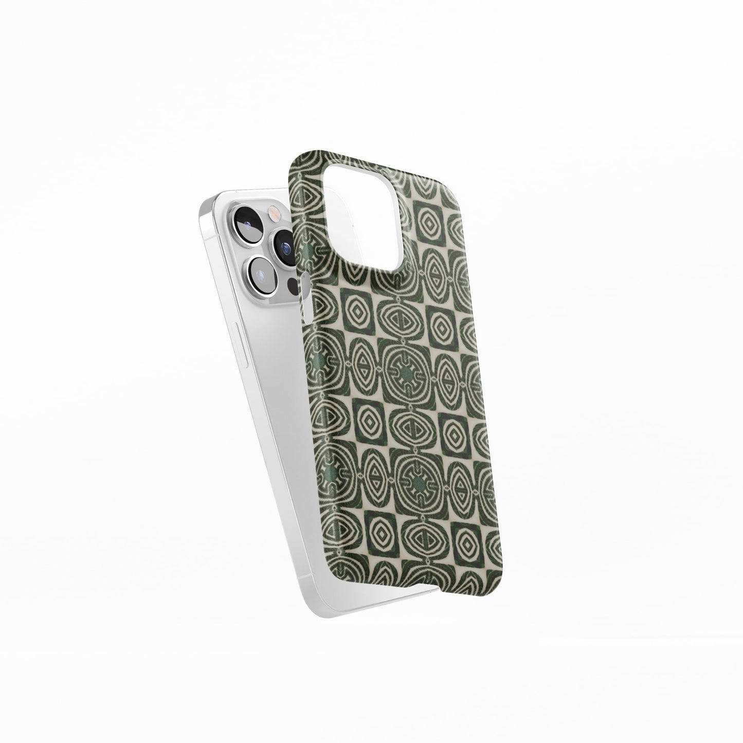 Ultra thin snap phone case side view; Wooden Snake 2 pattern, ornamental pattern; kaleidoscope pattern imagination. Green color.