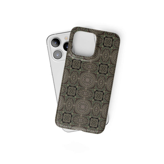 Ultra thin snap phone case front view; Wooden Snake 3 pattern, ornamental pattern; kaleidoscope pattern imagination. Green color. Bold expressive aesthetic design. Colorful and interior fit. Elegant.